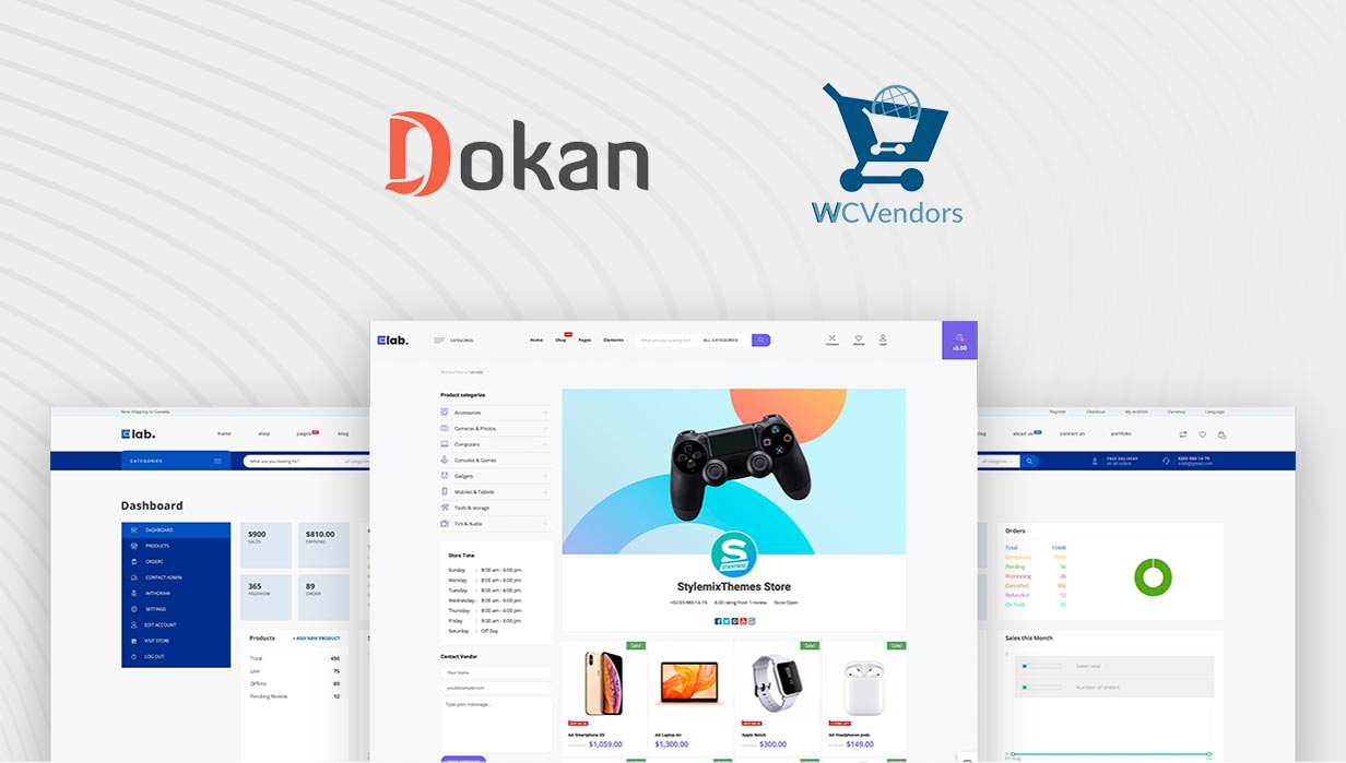 El tema de WordPress eLab Multi Vendor Marketplace es completamente compatible con los vendedores de Dokan y WC