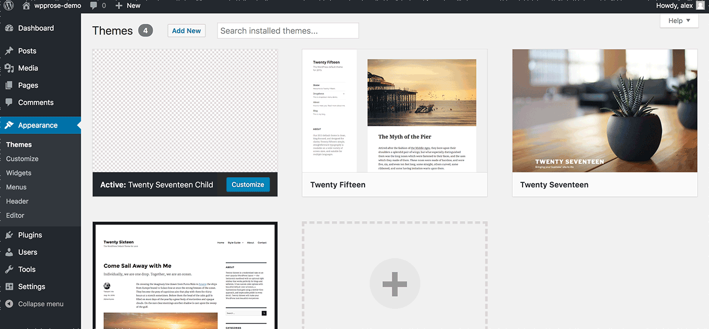 The theme admin page on a WordPress site