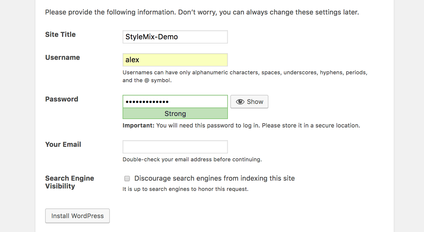 WordPress Installer credentials page.