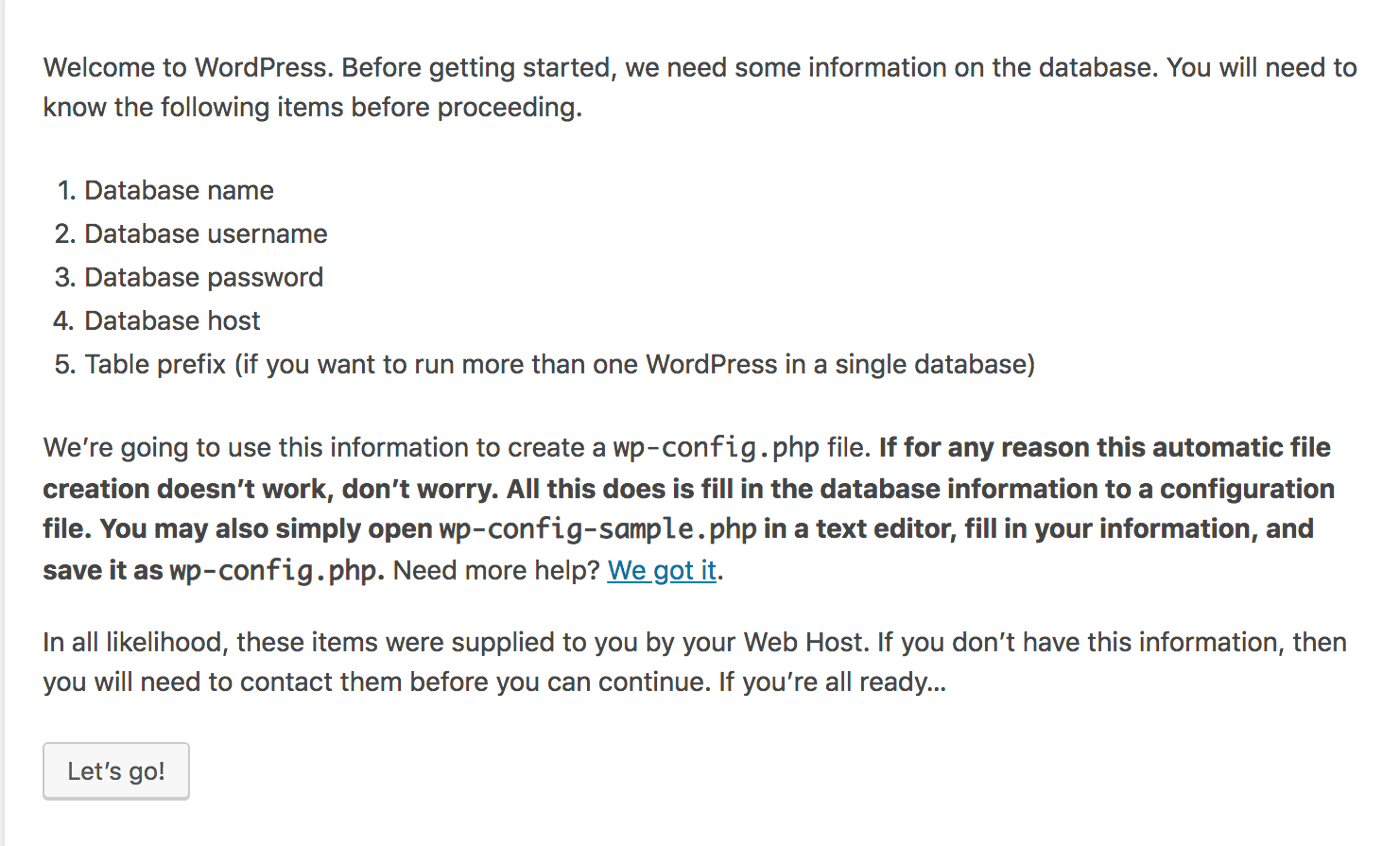 The next page of the WordPress Installer.